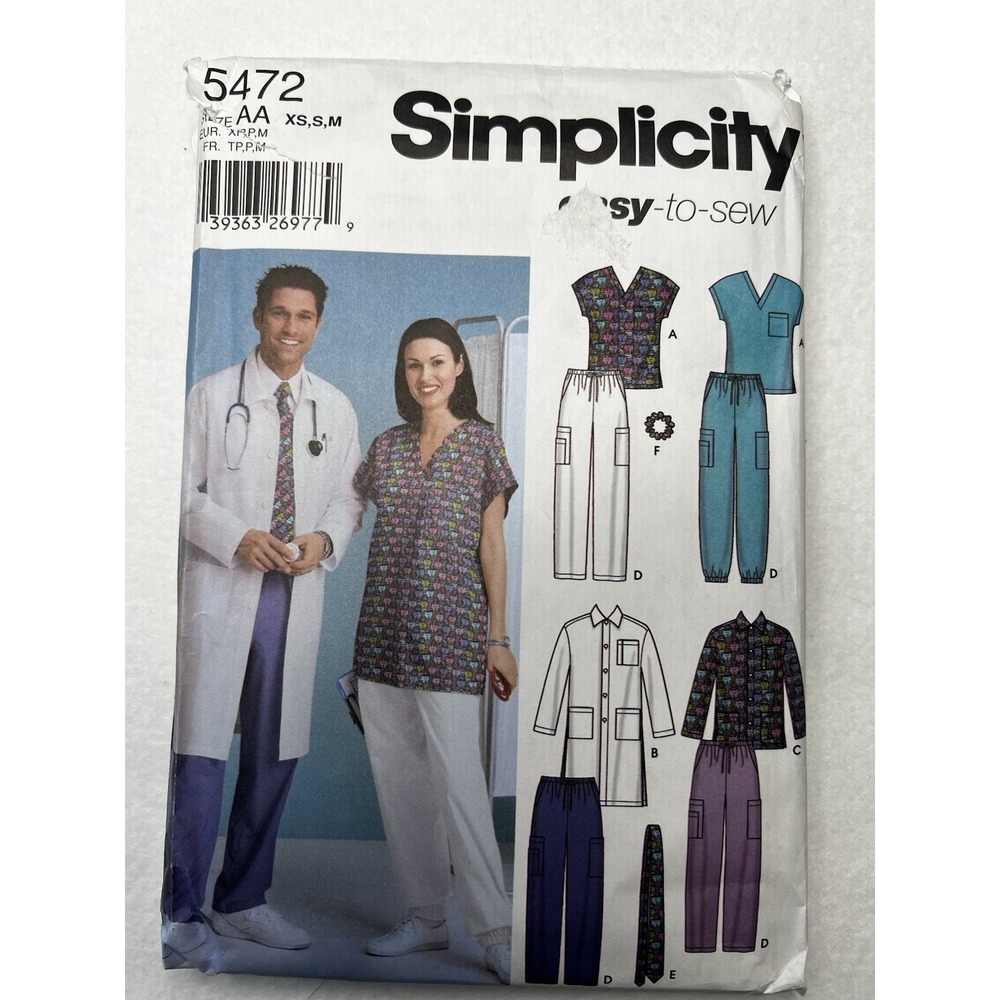 Simplicity 5472 Unisex Medical Scrubs Lab Coat Pants Pattern XS-S-M Vintage